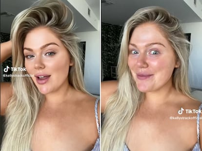 An 'influencer' shows a real photo in front of another with the TikTok filter