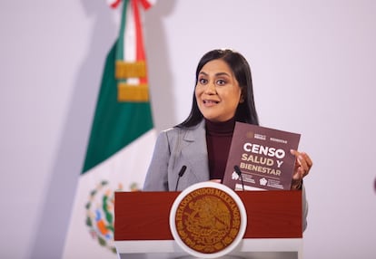 Ariadna Montiel, Secretary of Welfare, talks about the health census during the press conference this Monday, in Mexico City. 